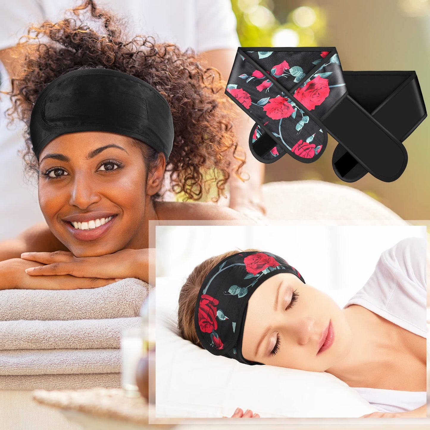 Eurzom 4 Pieces Satin Hair Wrap Scarf Satin Headband for Black Women's Adjustable Silk Hair Wraps for Sleeping Nonslip Strips(Black, Champagne)