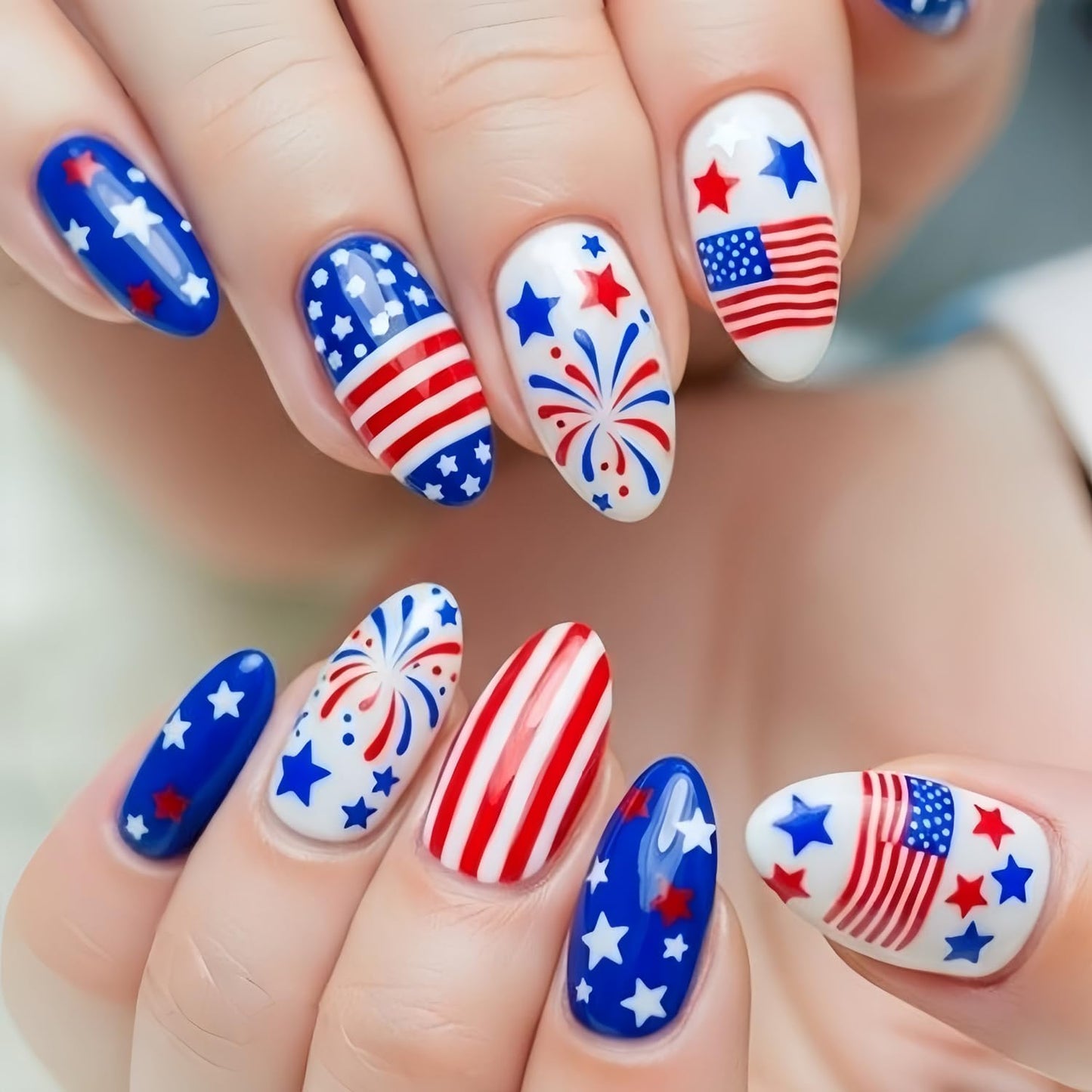 24Pcs 4th of July Press-On Nails - Medium Square Red, Blue & White Glitter Designs | Reusable Patriotic Acrylic Nails for Women