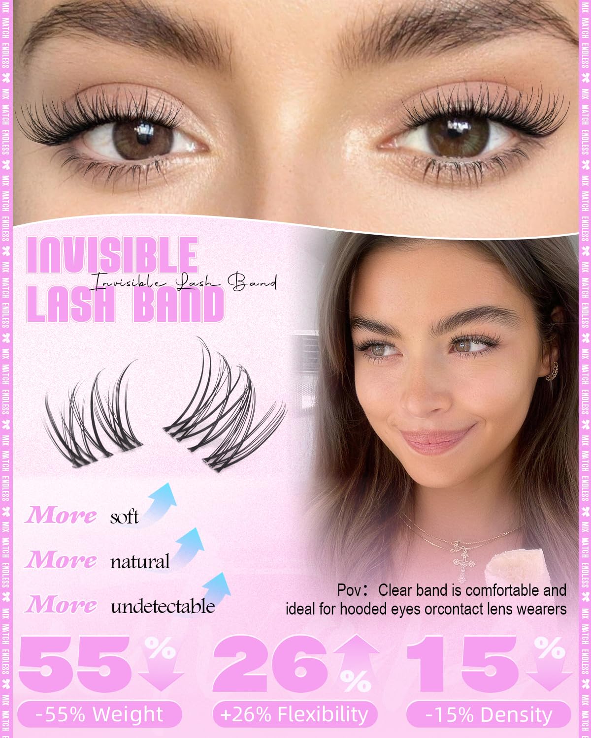 Wtvane Natural Lash Clusters Wispy Eyelash Clusters Lashes DIY 8-14mm Venus Lash Extensions with 6mm Bottom Lash Clusters Invisible Band Lashes Short Cluster Eyelash Extensions Natural Look