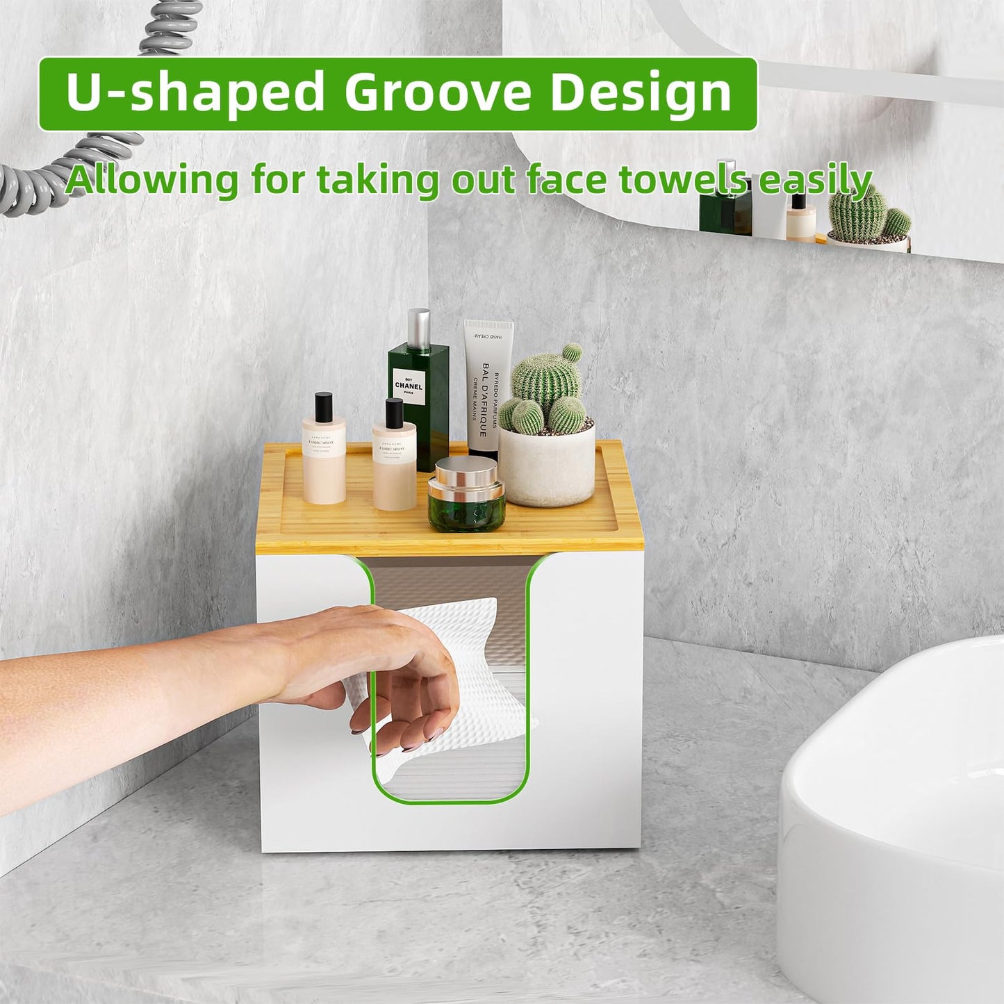 VITVITI Disposable Face Towel Holder Box, Acrylic Facial Towel Container for XL Clean Skin Club, Large Disposable Face Towels Storage with Bamboo Lid, for Bathroom, Vanity Makeup, White