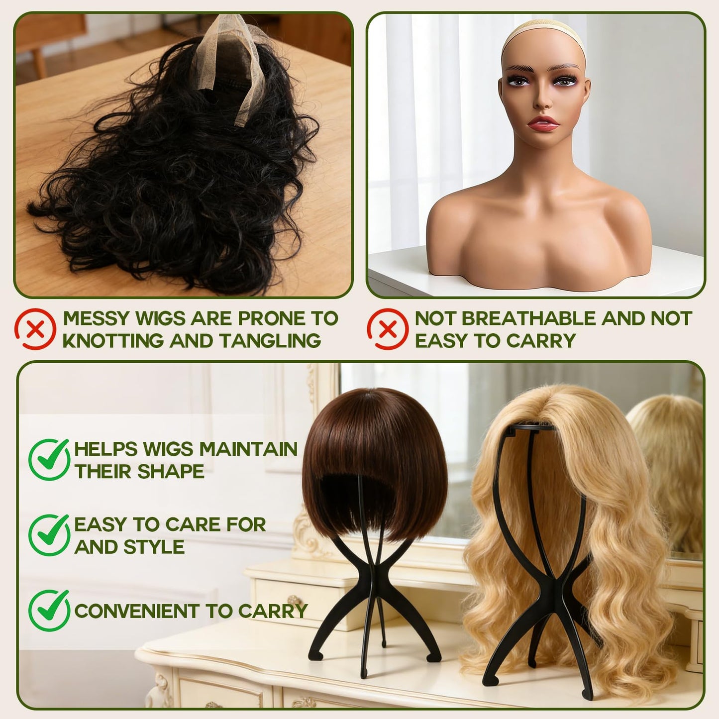 Wig Head Stand with Wig Brush Comb Set Travel Wigs Holder Comb Set for Women Human and Synthetic Hair | 2in 1 Wig Milk Spray & Shampoo Hydrates & Moisturizes, Promotes Silkiness & Shine Easy Combing