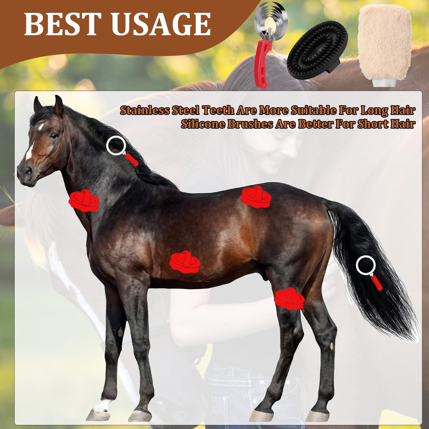 6 Rings Curry Comb Horse Brush, Reversible Stainless Steel Shedding Comb & Scraper with Soft Touch Grip, Horse Grooming Supplies for Horses, Dogs & Livestock, Curry Comb for Shedding & Bathing