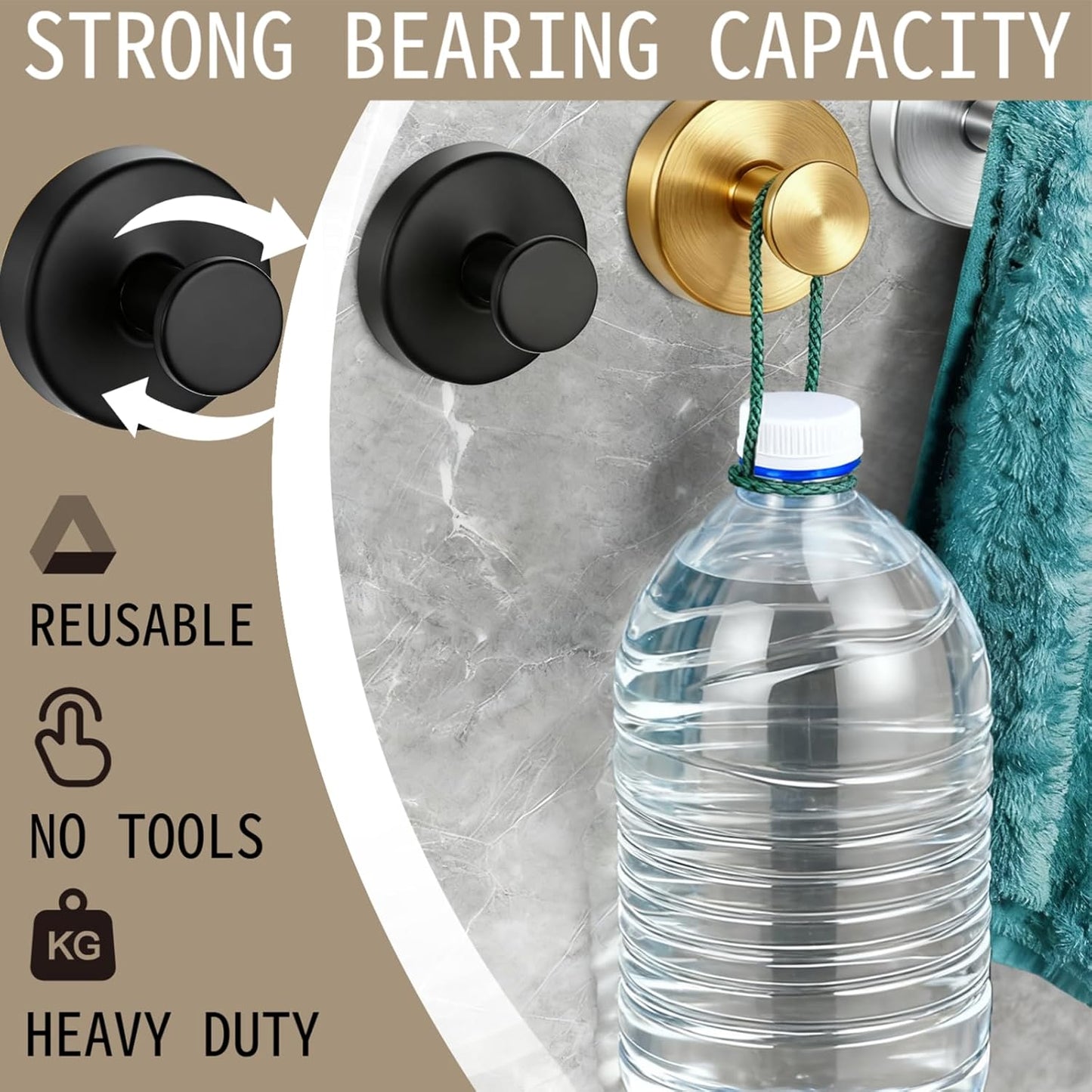 Upgraded Drill-Free Suction Cup Hooks - Stainless Steel Bathroom & Kitchen Towel Hangers | 4 Pack (Black)