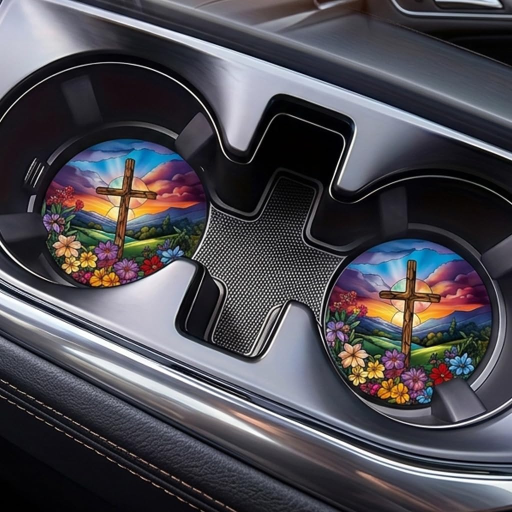 2pcs Floral Cross Car Coasters - 2.75 Inch Sunset & Cross Design, Durable Car Interior Accessories for Car Cup Holder Coaster for Friends Vibrant Sunset Easter Decor