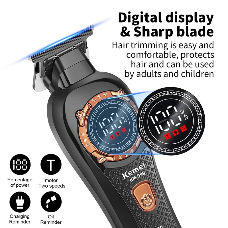 KEMEI 999 Professional Hair Clipper for Men, Cordless Electric Beard Trimmer Men, Zero Gapped T-Blade Hair Trimmer with LCD Display and 3 Guide Combs