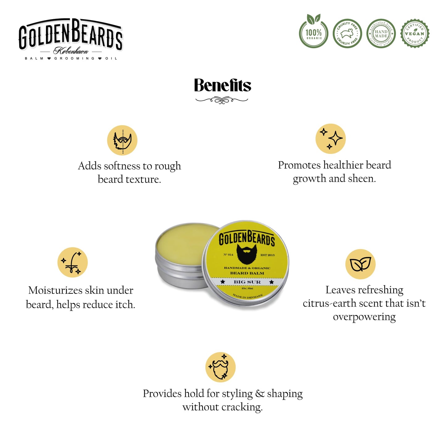 Golden Beards Organic Beard Balm Big Sur – Shea, Cocoa & Argan Butter Blend with Lime & Patchouli Scent – 60ml Vegan Beard Softener & Styling Balm, Handmade in Denmark.