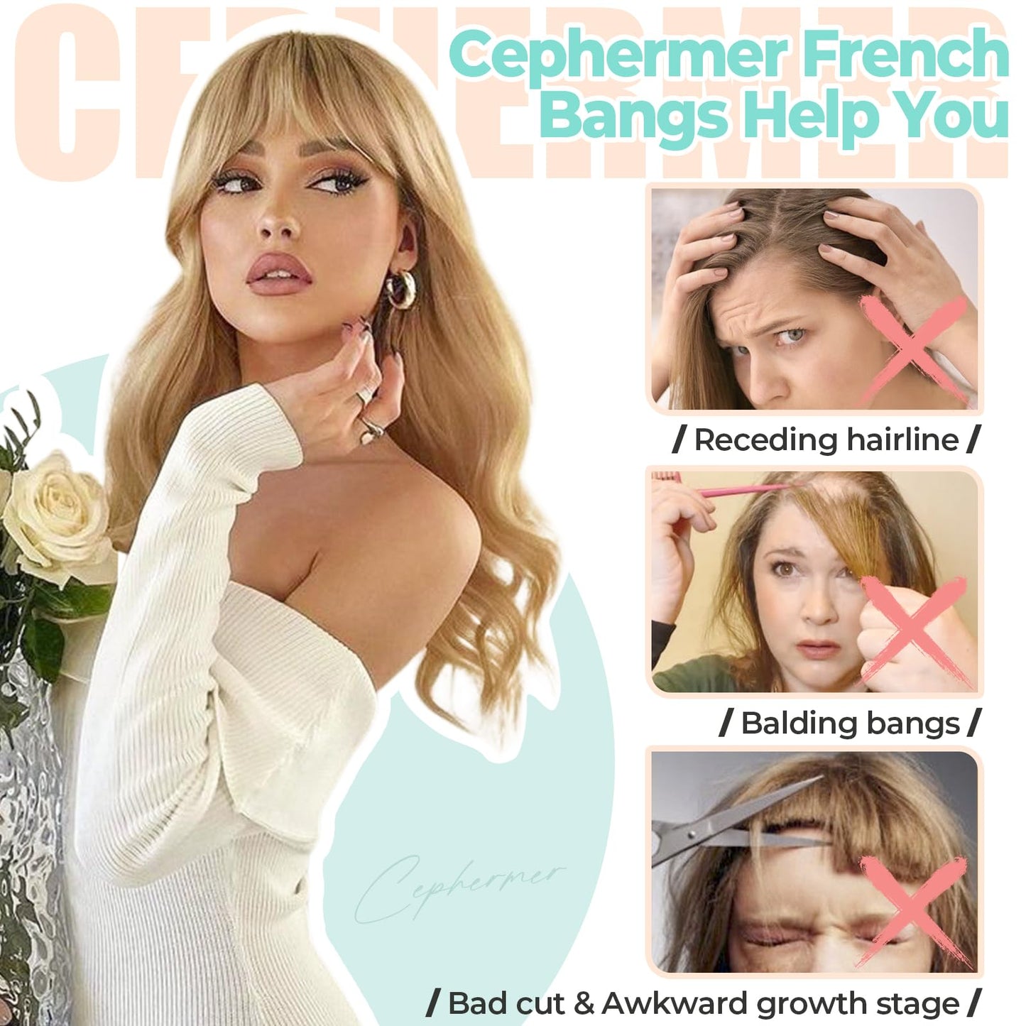 Cephermer Clip in Bangs, Synthetic French Bangs Hair Clip, Fake Bangs Fringe with Temples Hairpieces for Women Natural Curved Hair Extensions for Daily Wear Medium Brown