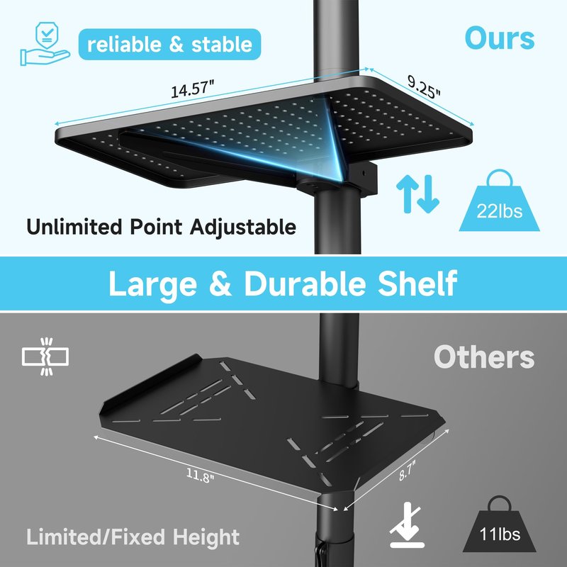 Mobile TV Carts on Wheels for 21-60 Inch Flat/Curved Panel Screens TVs - Height Adjustable Floor Trolley Stand with Shelf Holds up to 77lbs - Max VESA 400x400mm