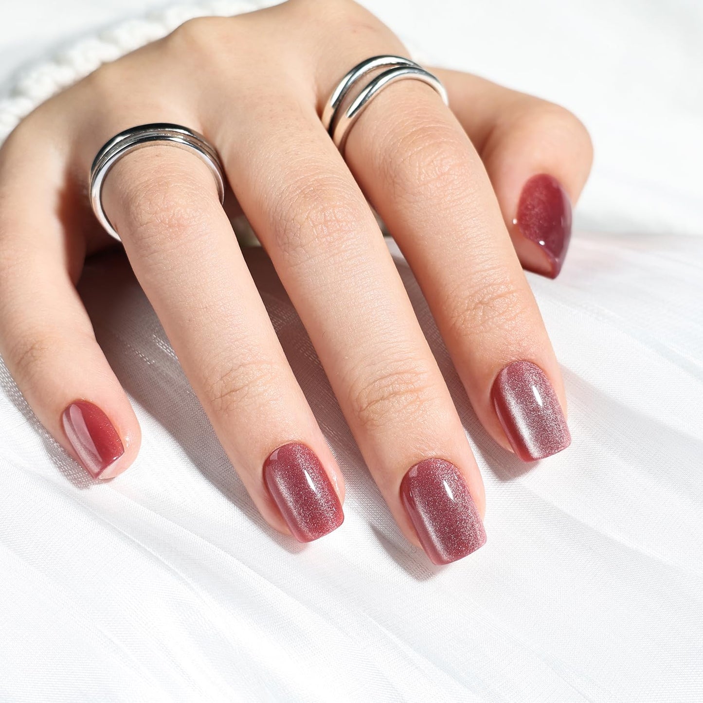 French Tip Press On Nails - Glossy Pink Almond Reusable Fake Nails | 32 Pieces in 16 Sizes with Glue