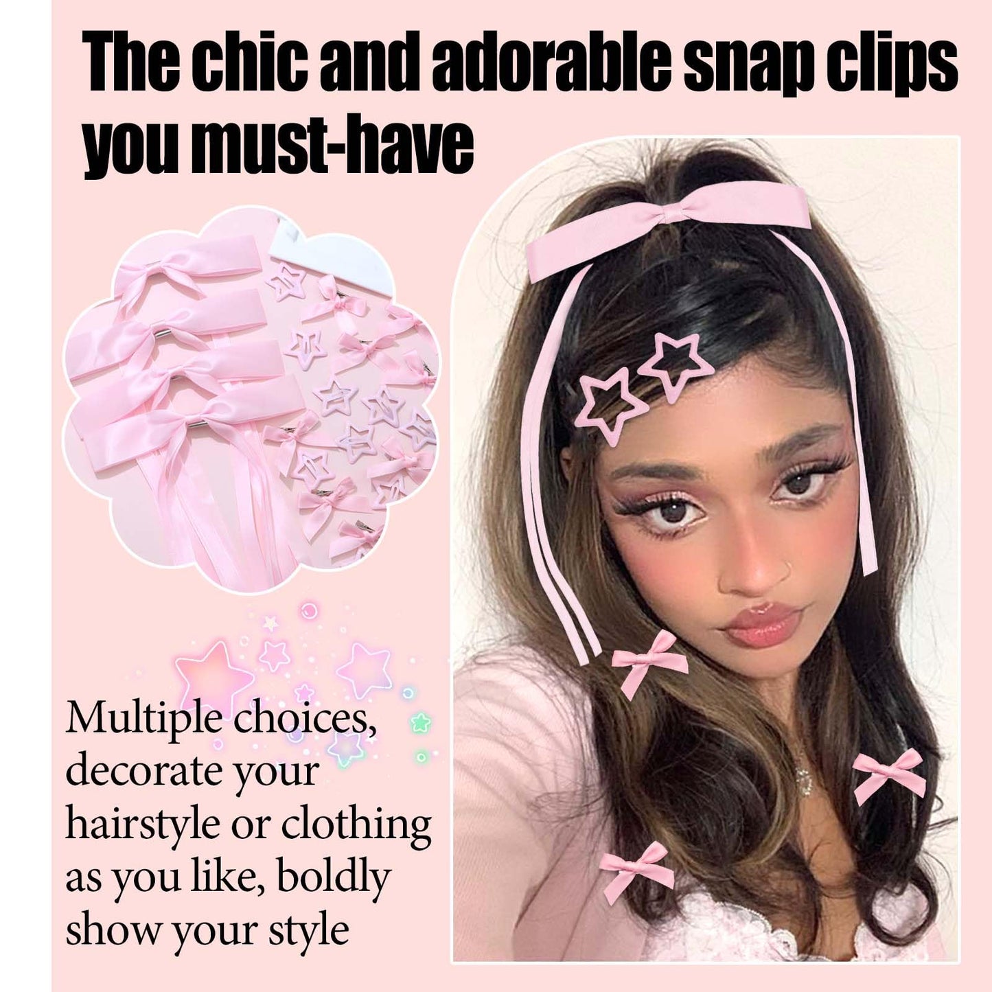 STGDAK Mini Hair Bows For Women Girls Pink Star Clips Cute Bow Barrettes Kawaii Star Hairpins Y2k Hair Ribbon Long Tail Bowknot Coquette Hair Accessories 24Pcs