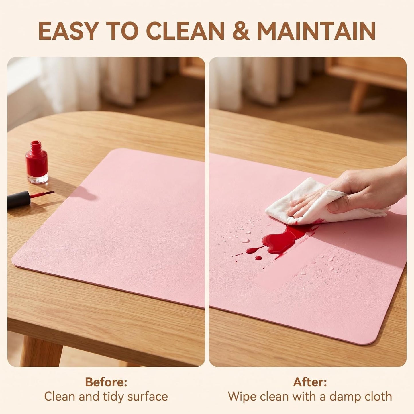VANTOBEST 23.6 x 11.8 inches Foldable Nail Art Table Mat, Waterproof Non-Slip PU Leather Nail Desk Pad, Reusable Manicure Mat for Nail Tech Salon Home Acrylic Nails (Pink)