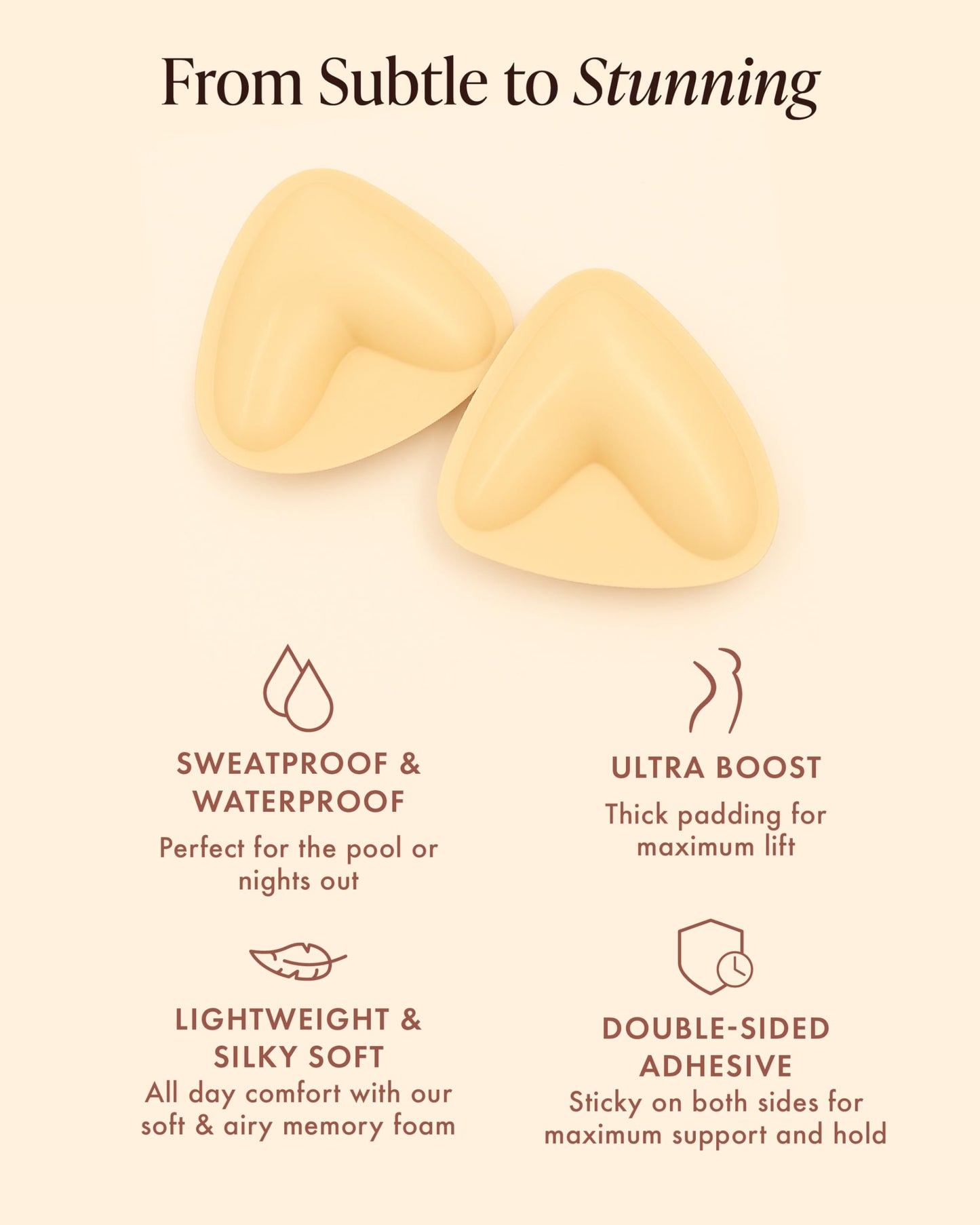 Bare Babe Sticky Push Up Inserts, Double Sided Sticky Bra Inserts, Adhesive Bra Pads, Sticky Bra Lift, Push Up for Bikini (Honey, Large)