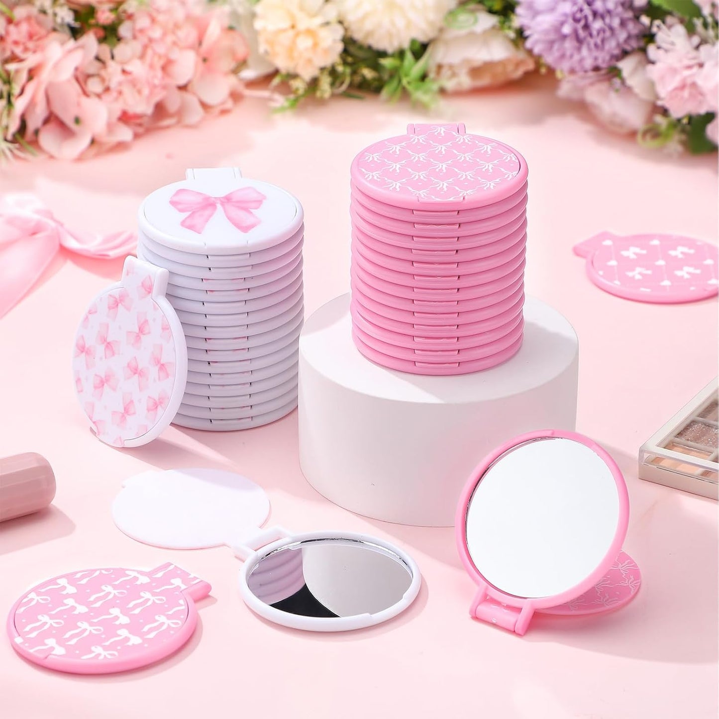 Pink Bow Mini Compact Mirrors - 36 Pcs Portable Round Makeup Mirrors | Perfect Party Favors & Gifts for Women