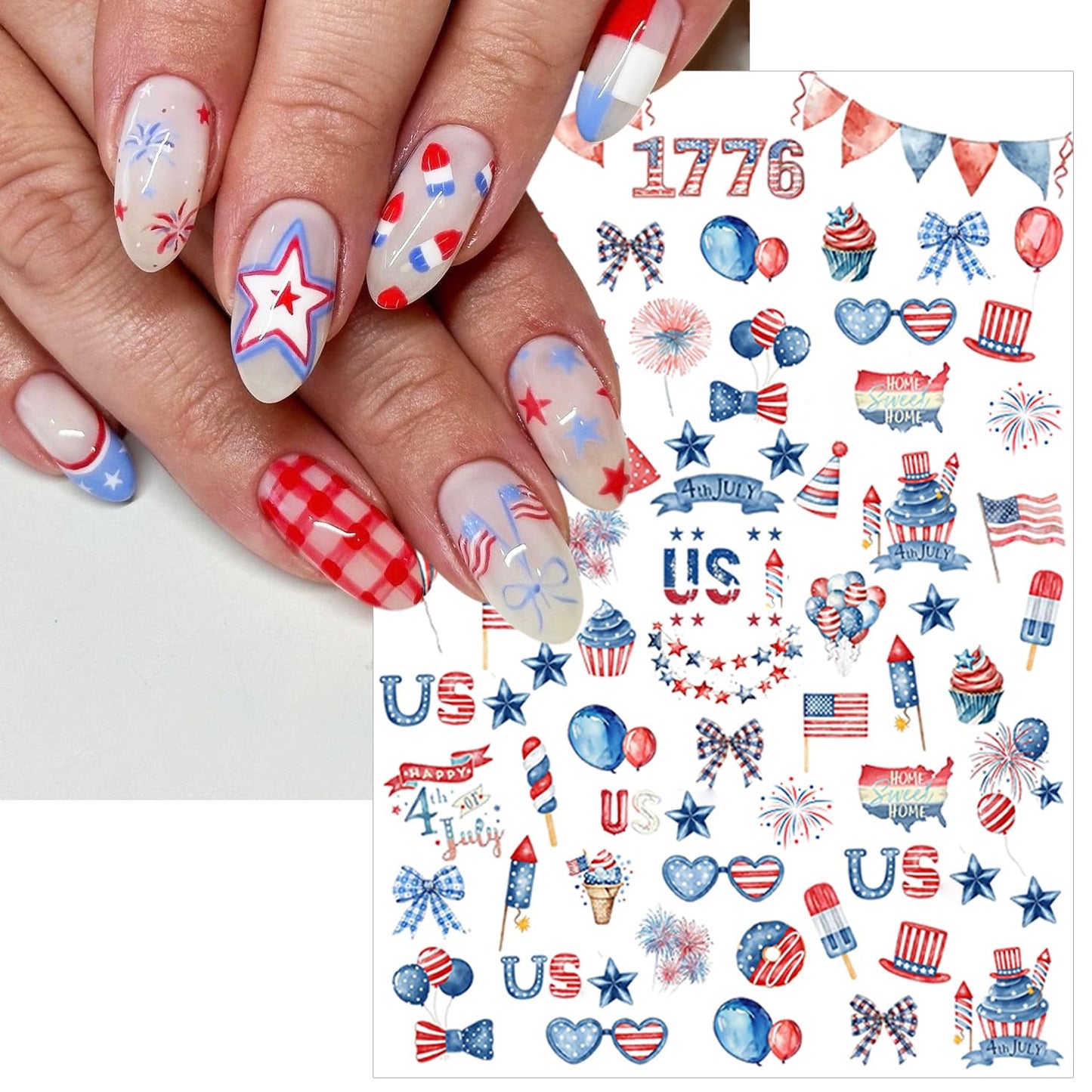 6 Sheets 4th of July Nail Stickers for Nail Art 3D Self-Adhesive Independence Day Nail Decals American Flag Stars Letters USA Nail Art Stickers Fourth of July Nail Design Nail Art Supplies for Women
