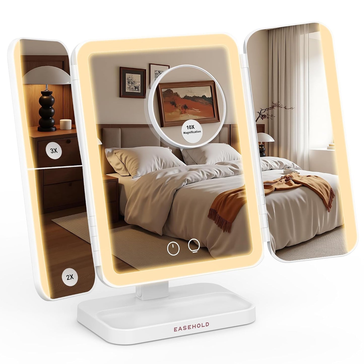 Rechargeable Trifold Lighted Makeup Mirror - 1X/2X/3X Magnification, 3 Color LED Lights | Foldable Vanity Mirror for Travel & Home