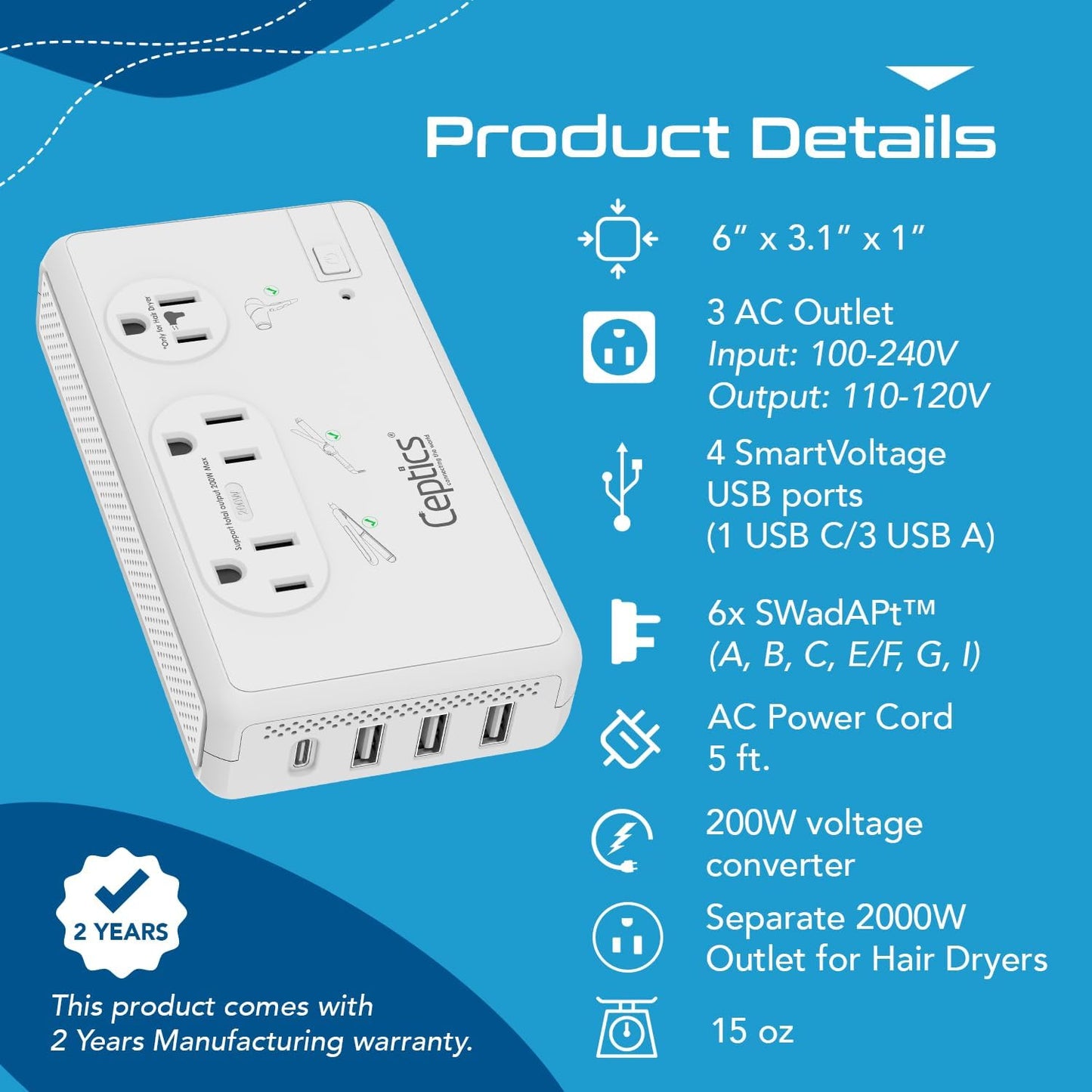 2000W Travel Voltage Converter - Step Down 220V to 110V for Hair Dryers, Curling Irons & Chargers | 4 USB Ports, QC 3.0