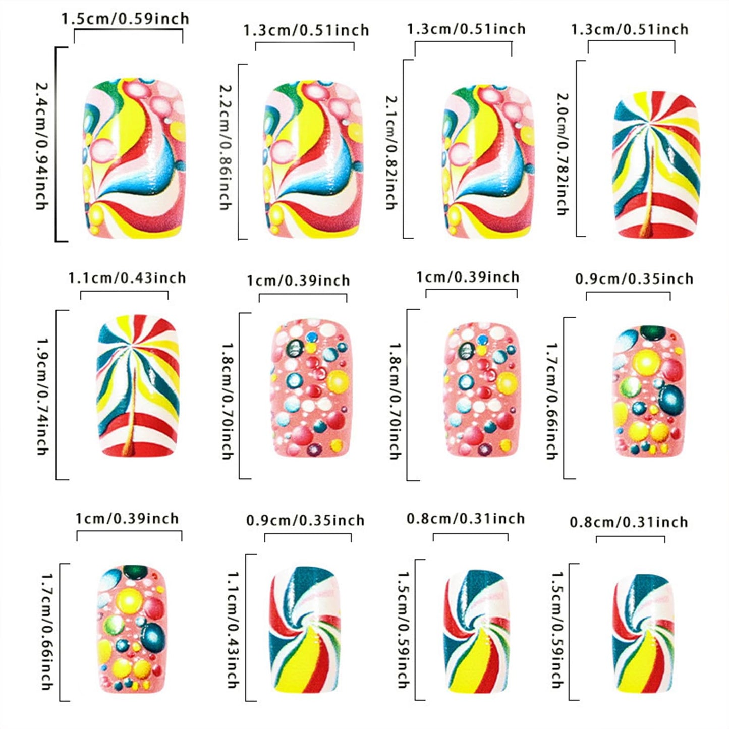 Rainbow Press on Nails Medium Square Fake Nails with Colorful Swirl Candy Design Cute False Nail Full Cover Reusable Stick on Nail for Women 24Pcs