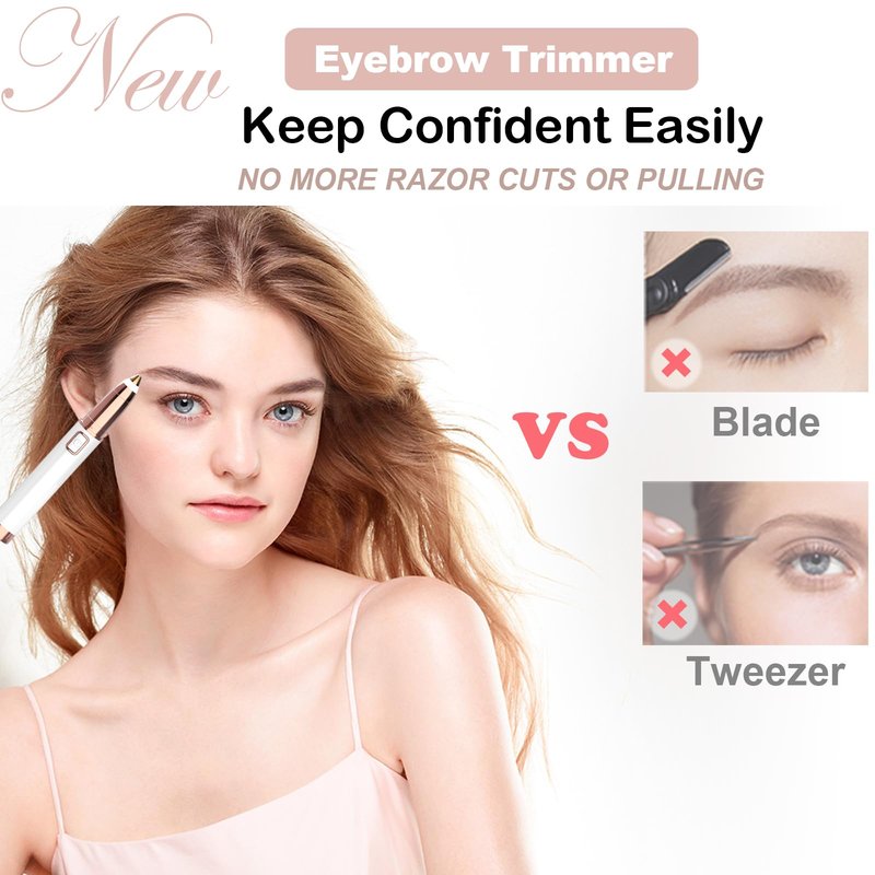 Eyebrow Trimmer for Women - Electric Eye Brow Razor with LED Light Painless & Easy Clean for Eyebrows Face Nose Ear Hair Chin Lips Peach Fuzz Bikini Lines & Other Detailing - Battery Operated (White)