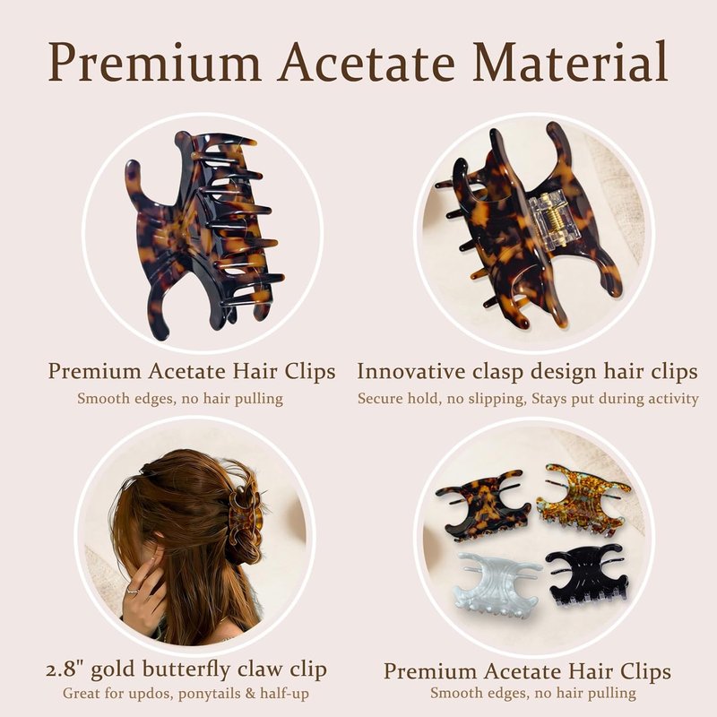 Premium Acetate Hair Clips - Non-Slip Butterfly Claw Clips | 4 Pack in Black, Pearl White & Tortoiseshell