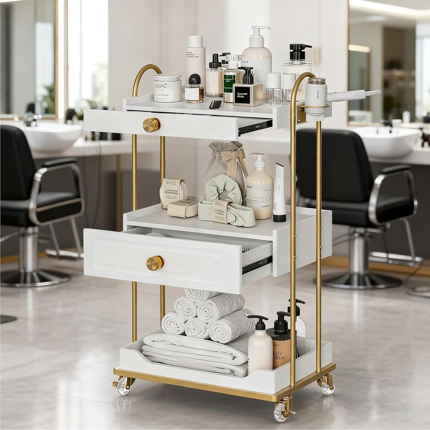 Salon Rolling Cart - Mobile Utility Cart with 3 Shelves & Hair Dryer Holder | White Spa Esthetician Cart