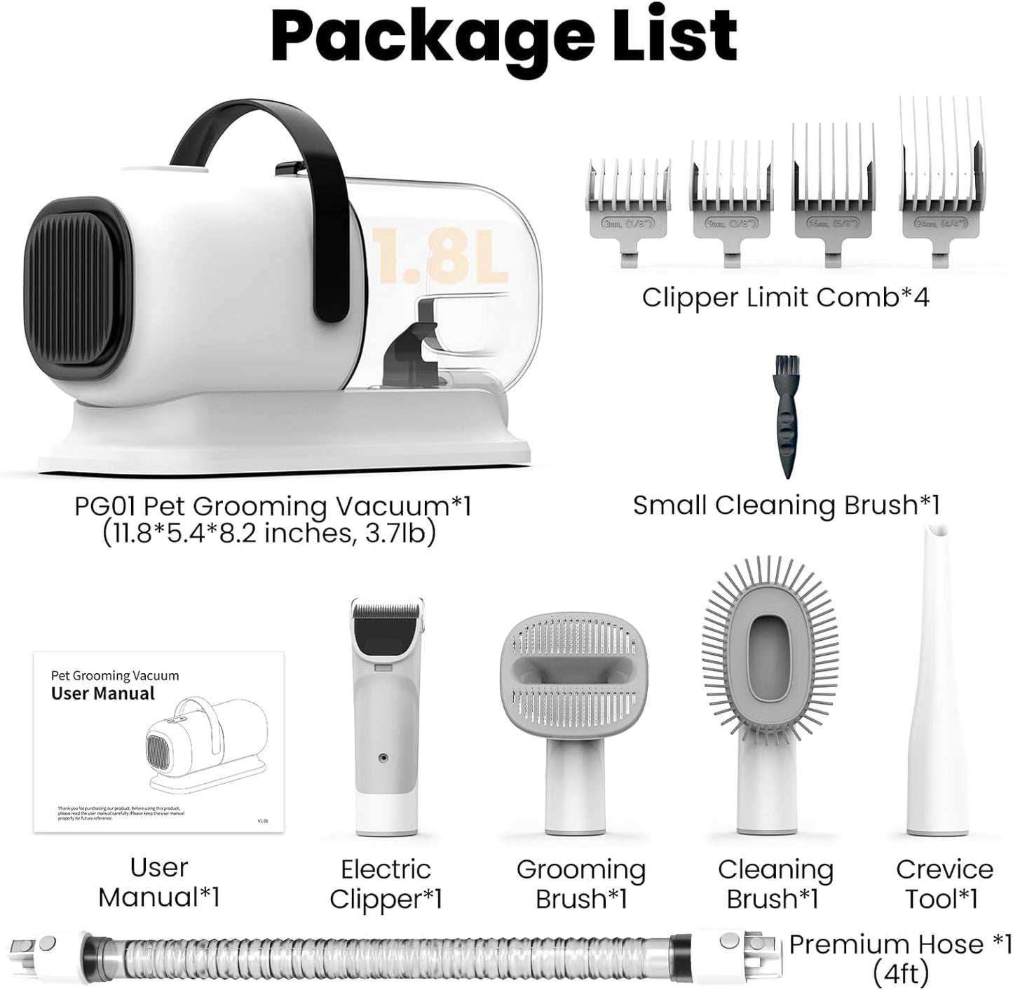 Dog Grooming Vacuum - All-in-One Pet Grooming Kit with Clipper & Low Noise Shedding Brush | PG01