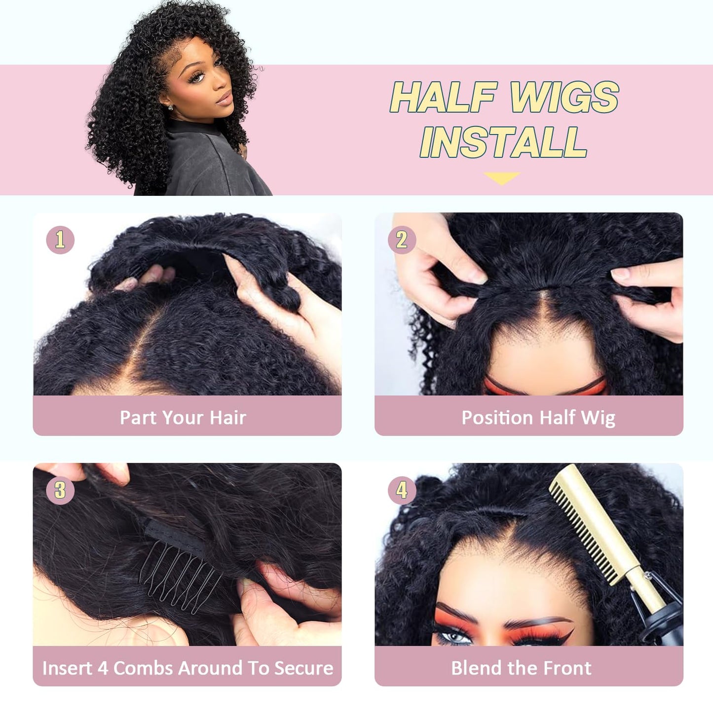 Burmese Curly 3 In 1 Half Wig - 250% Density Glueless Human Hair | 16-Inch Seamless Flip for Women