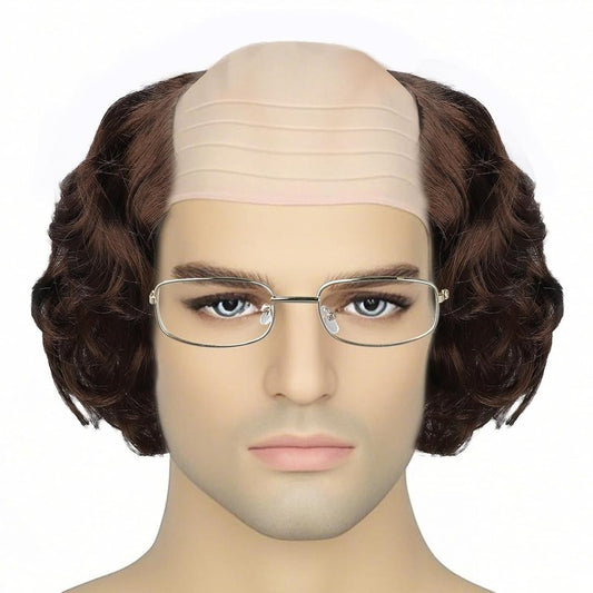 Short Curly Bald Cap Wig | Mad Brown Scientist Costume for Halloween & Cosplay