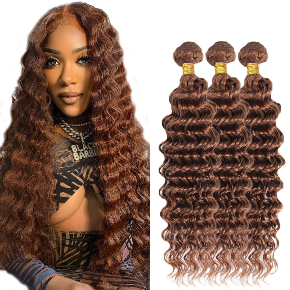 #30 Brown Bundles Deep Wave Bundles Human Hair 18 18 18 Inch Light Brown Deep Wave Bundle Unprocessed Brazilian Virgin Weave Hair 3 Bundle 50 Gram Per Bundle