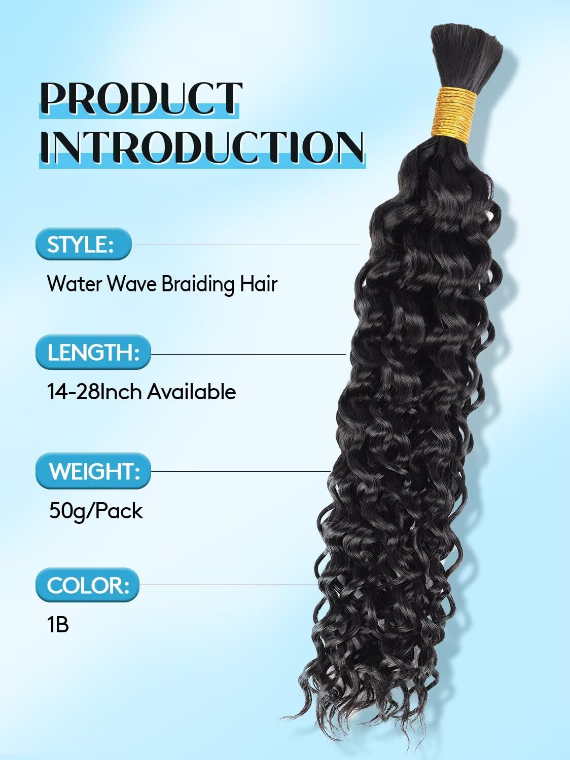 Virgin Human Braiding Hair - 22 Inch Curly Boho Water Wave | Natural Black, 50g Bundle