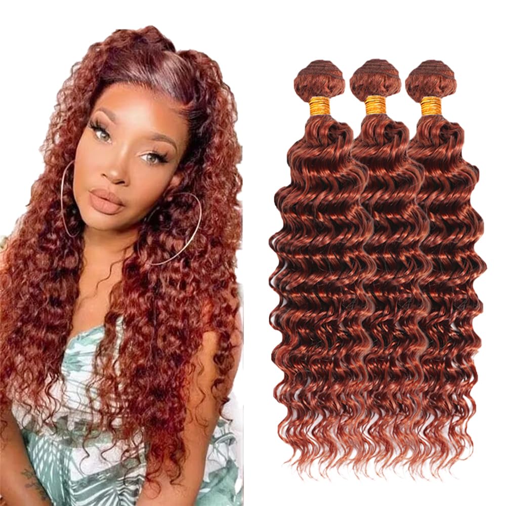 #33 Light Brown Bundles Human Hair Deep Wave Bundles 16 18 20 Inch Brown Unprocessed Brazilian Virgin Hair 3 Bundle 50 Gram Per Bundle Deals Quick Weave Hair Extensions