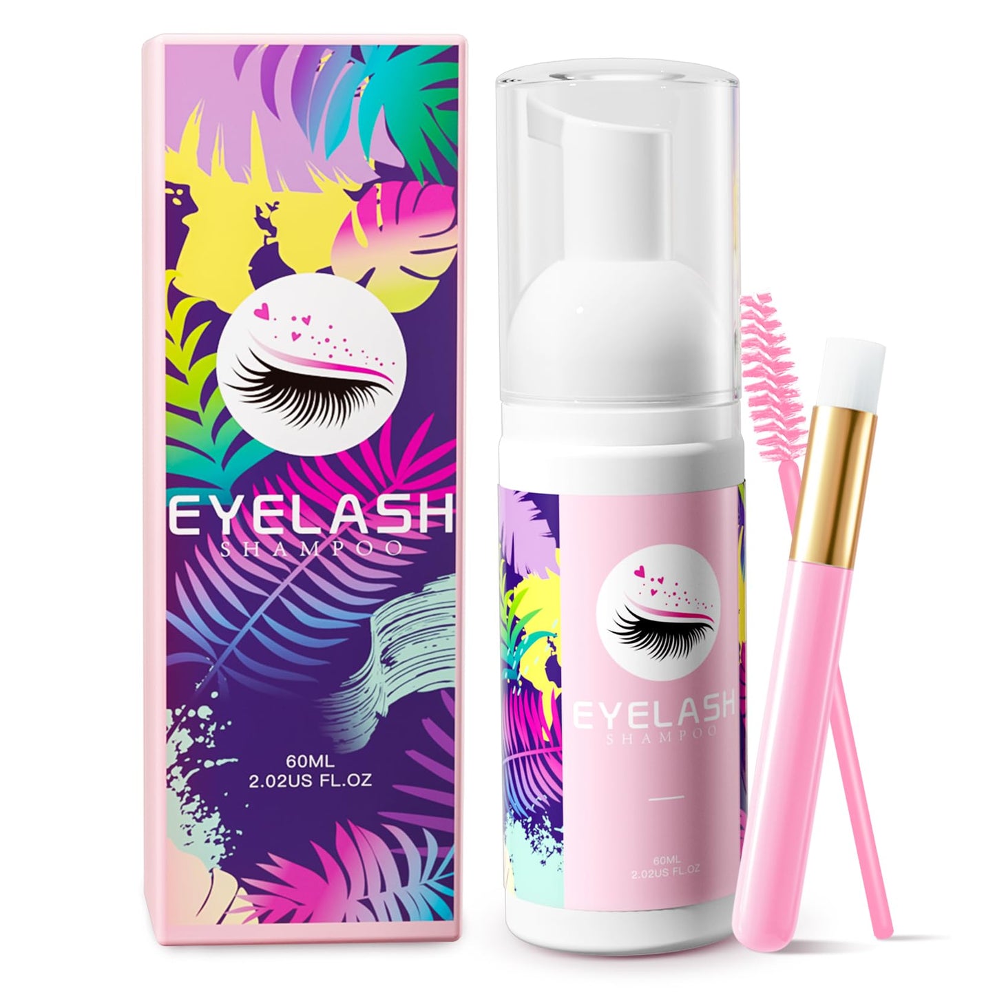Buqikma Lash shampoo for Eyelash Extension, 60Ml/2.02 fl.Oz Eyelash Shampoo Kit with Lash Wash Brushes Gentle Lash Extension Cleanser for Professional Salon and Home Eyelash Care
