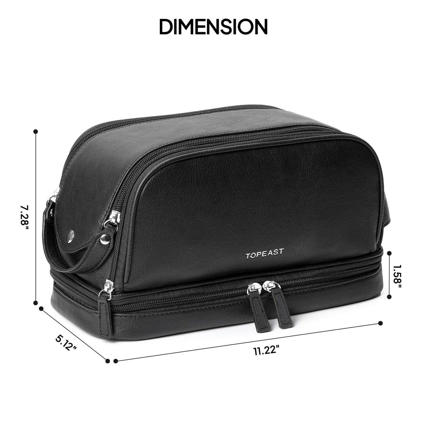 TOPEAST Toiletry Bag for Men, Large PU Leather Dopp Kit with Waterproof Wet Pocket, Double Layer Travel Toiletry Organizer with Brush Compartment, Shaving Bag with Handle, Black