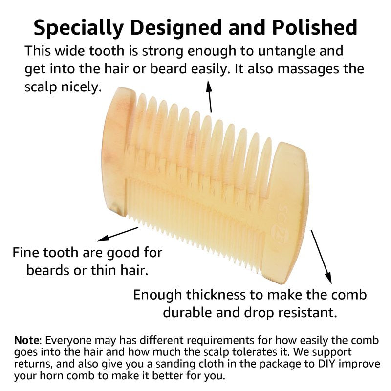 SC123 Untreated 4.3 inch Real Ox Horn Curly Hair Picks Beard Mustache Comb, Handmade Fine Wide Tooth Double Sided Small Pocket Travel, Anti-static Detangling Massage Scalp Gua sha for Women Men
