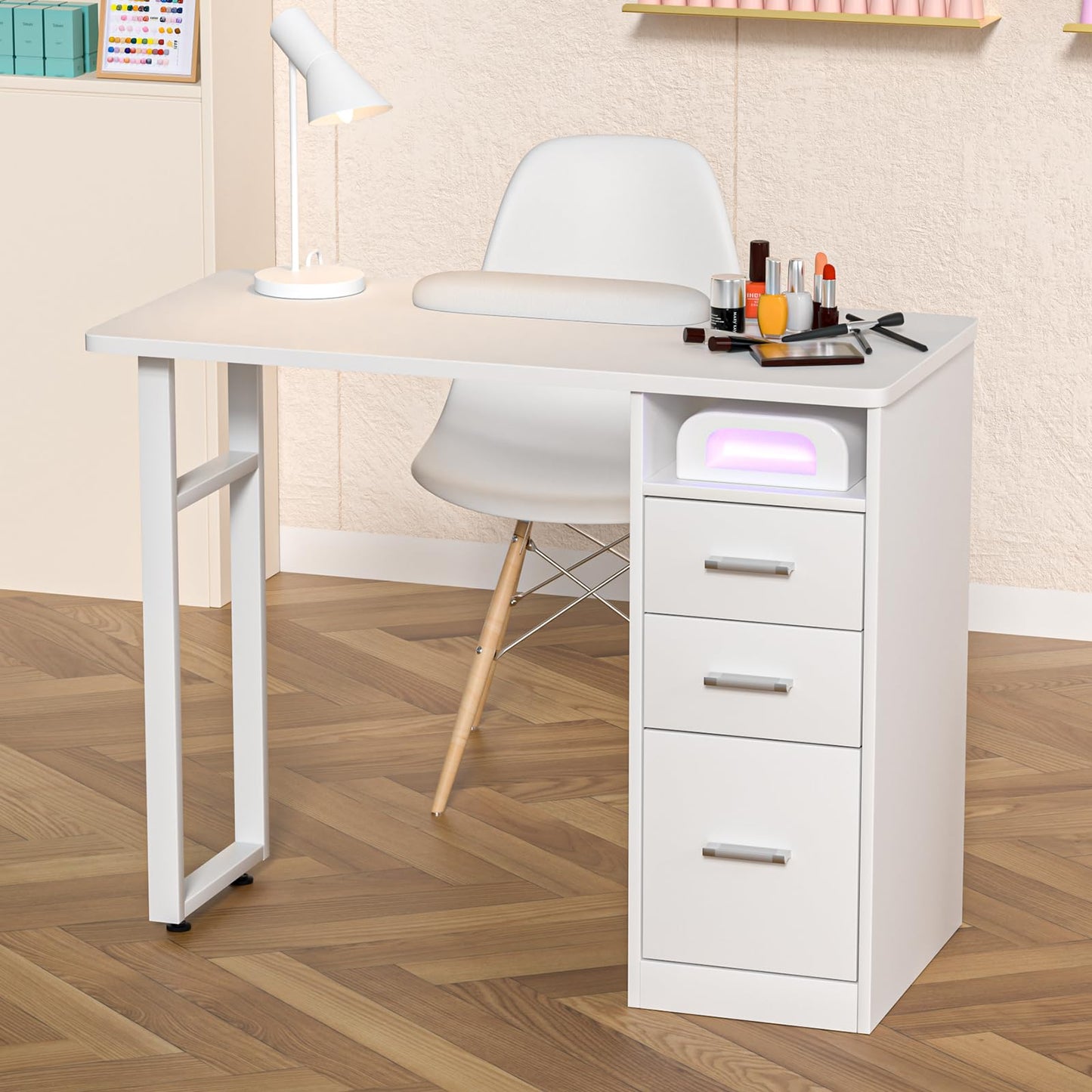 DeerDean Manicure Table Nail Desk Acetone Resistant White Nail Tech Table w/Wrist Cushion, Drawers & Cabinets