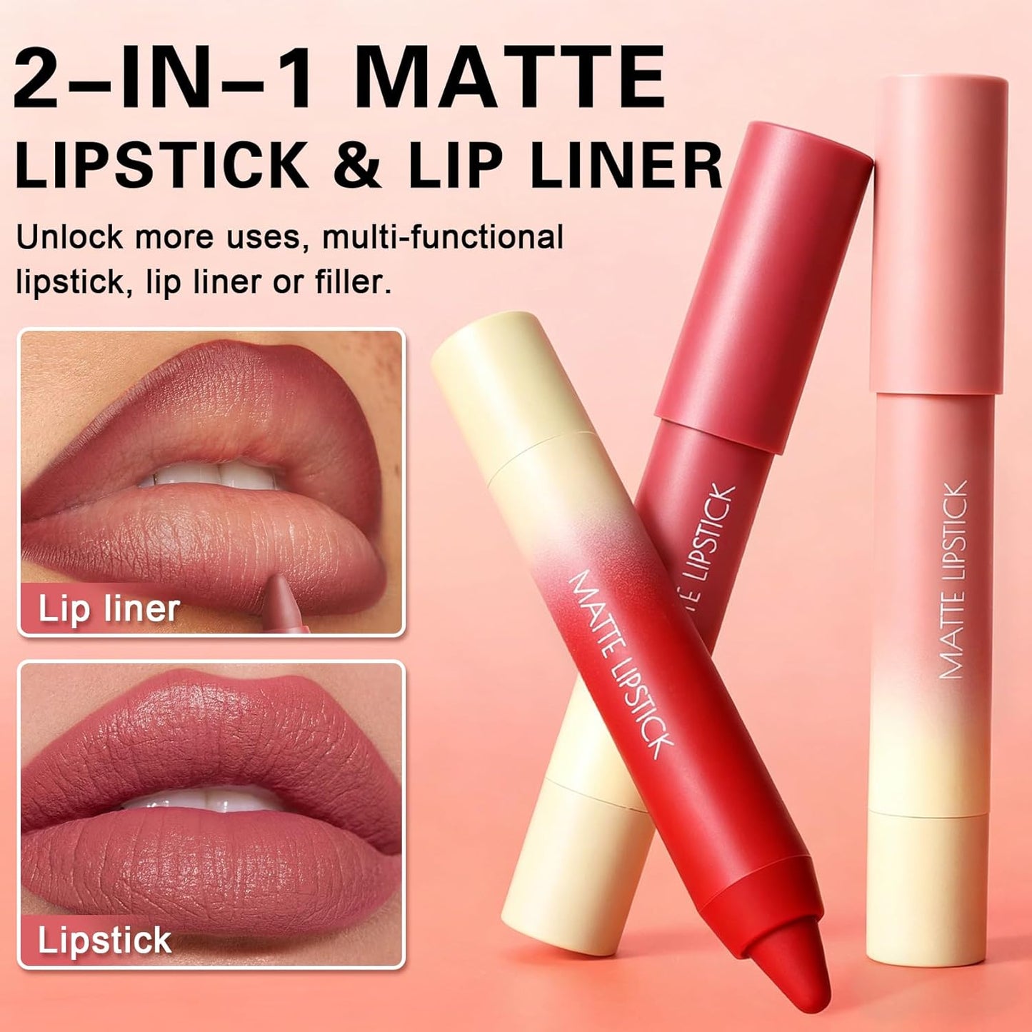 Matte Lip Crayon - 2-in-1 Nude Lipstick & Lip Liner with Brush | Long-Lasting, Waterproof, Vegan
