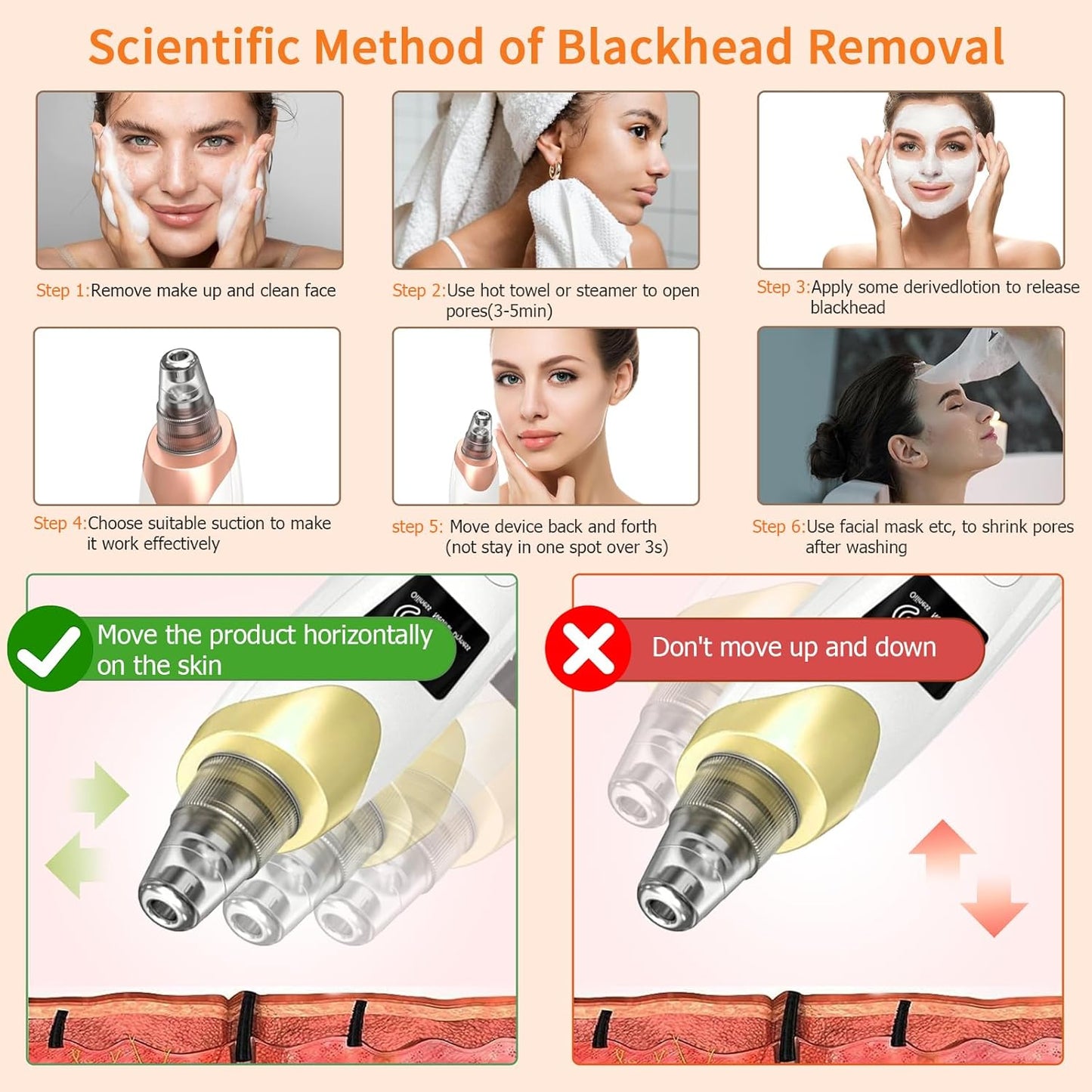 Pore Vacuum Blackhead Remover - USB Rechargeable, 3 Adjustable Levels, 5 Suction Powers, 6 Probes | Face Cleanser for Women & Men - Gold