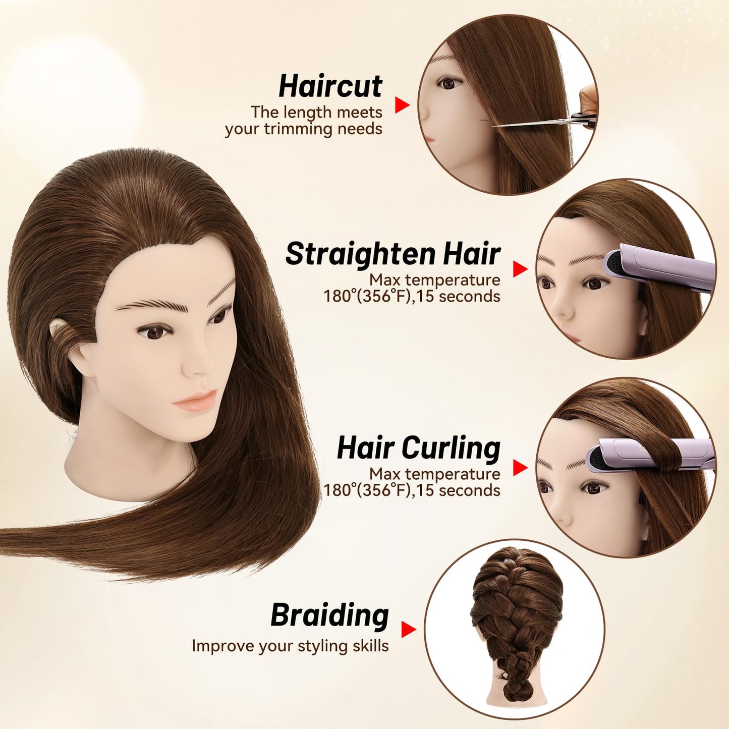 Yekavo Mannequin Head with 90% Human Hair, 24" Female Real Hair Cosmetology Mannequin Head Hair Styling Manikin Head Doll Head for Hairdresser Practice Training with Clamp Holder and Tools (Brown)