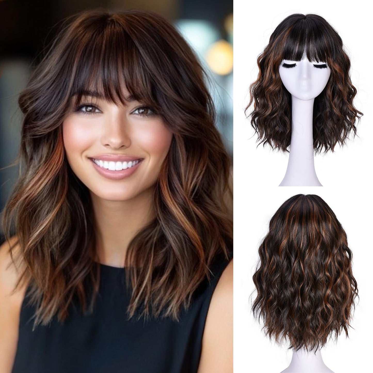Short Wavy Wig with Bangs - Natural Curly Synthetic Hair for Daily Wear | 14-Inch Brown Highlight