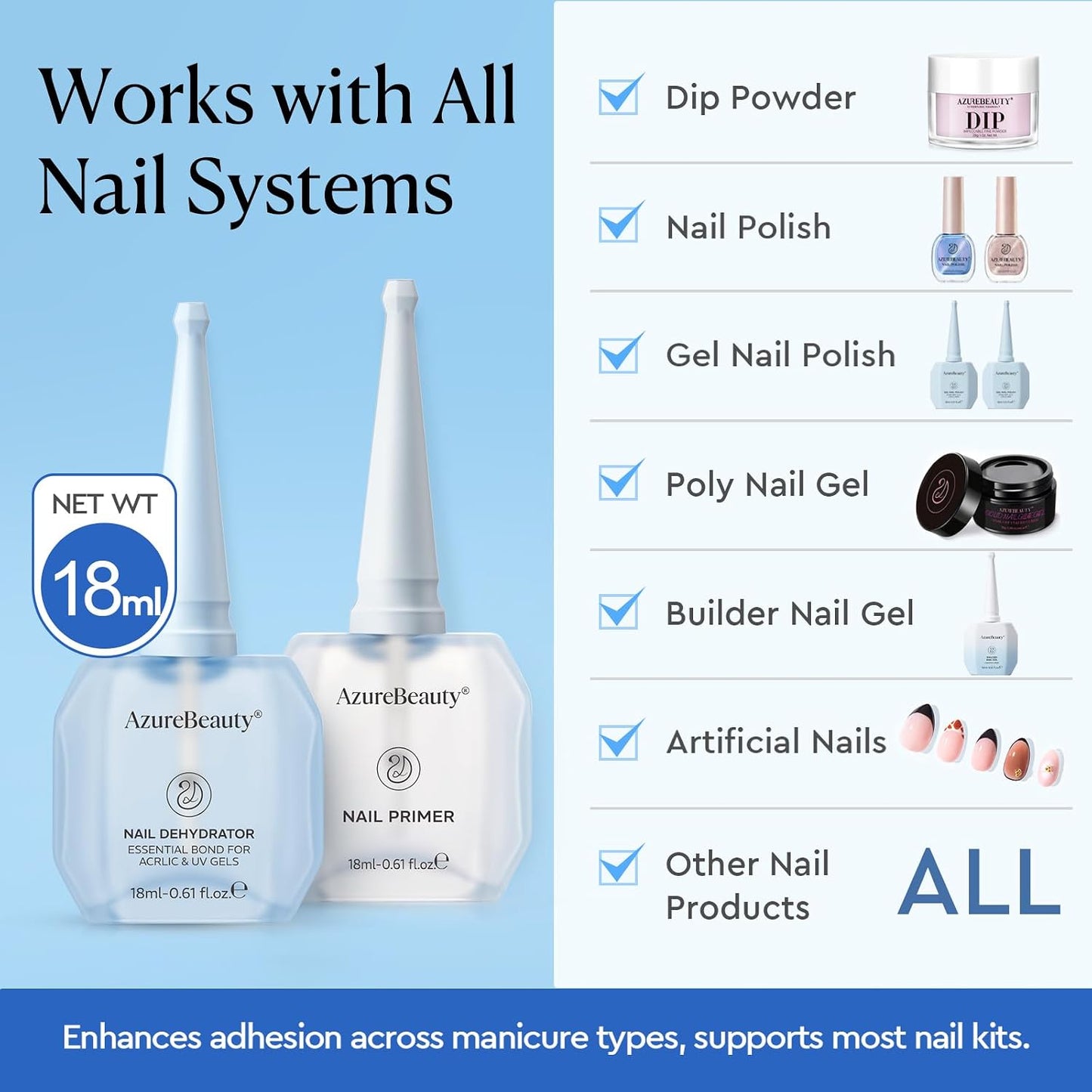 AZUREBEAUTY Nail Dehydrator & Primer Kit - Acid-Free, Hema-Free, Quick Dry | 18ml for Long-Lasting Gel & Acrylic Manicures