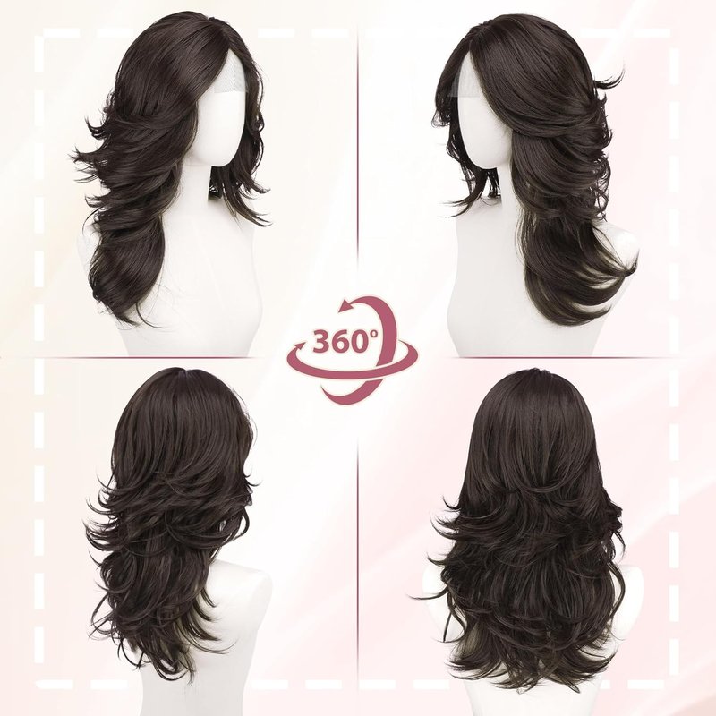 Brown Layered Wigs with Curtain Bangs - 20 Inch Long Wavy Synthetic Hair Wig for Women | Natural Looking Middle Part