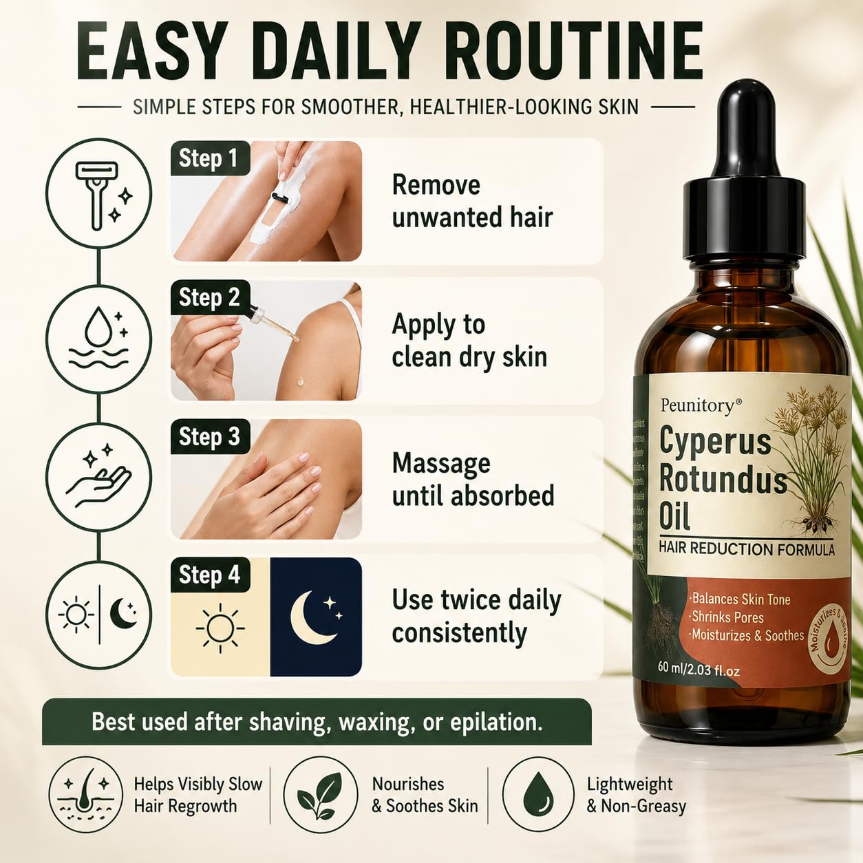 Cyperus Rotundus Oil - Natural Hair Removal & Growth Inhibitor | Reduces Ingrown Hairs & Razor Bumps, 2 Fl Oz