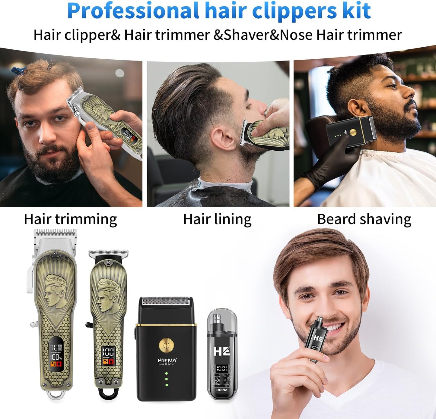 Professional Hair Clippers for Men - Cordless Barber Clipper Set with LED Display, Foil Shaver & Nose Trimmer | Rechargeable