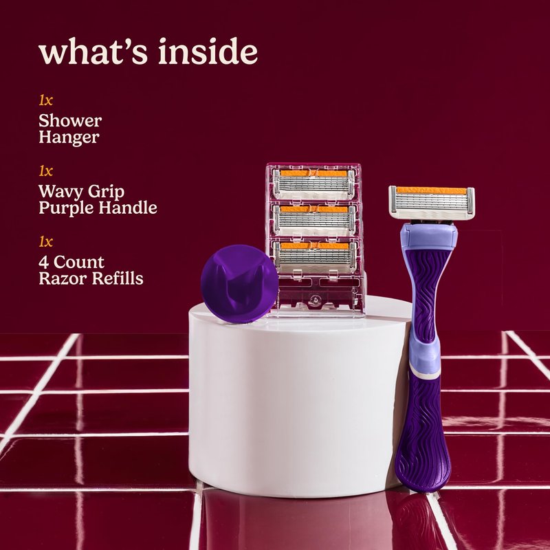 Dollar Shave Club for Women | 1 Purple Wavy Grip Handle, 4 Razor Refills, 1 Shower Hanger | Razors for Women, Womens Razors for Shaving