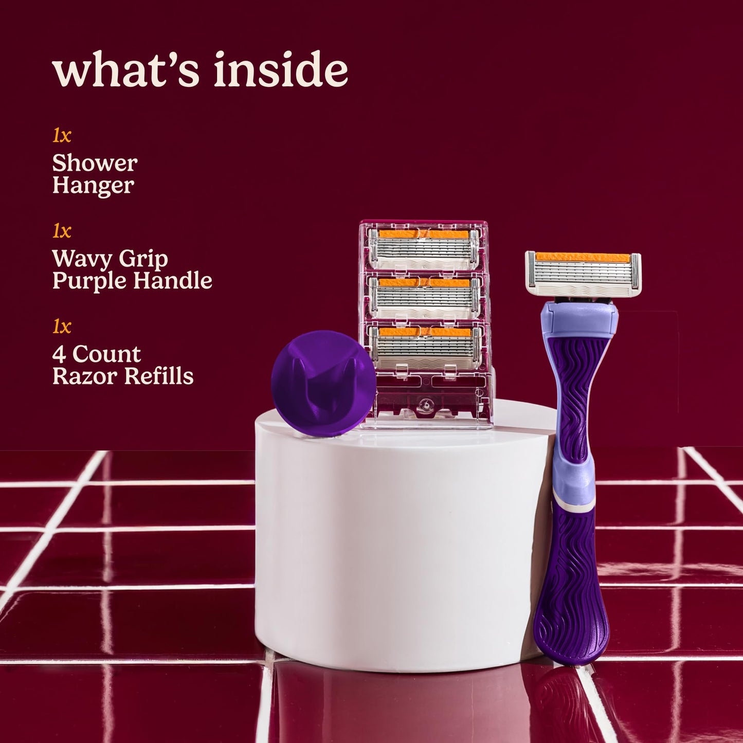 Dollar Shave Club for Women | 1 Purple Wavy Grip Handle, 4 Razor Refills, 1 Shower Hanger | Razors for Women, Womens Razors for Shaving