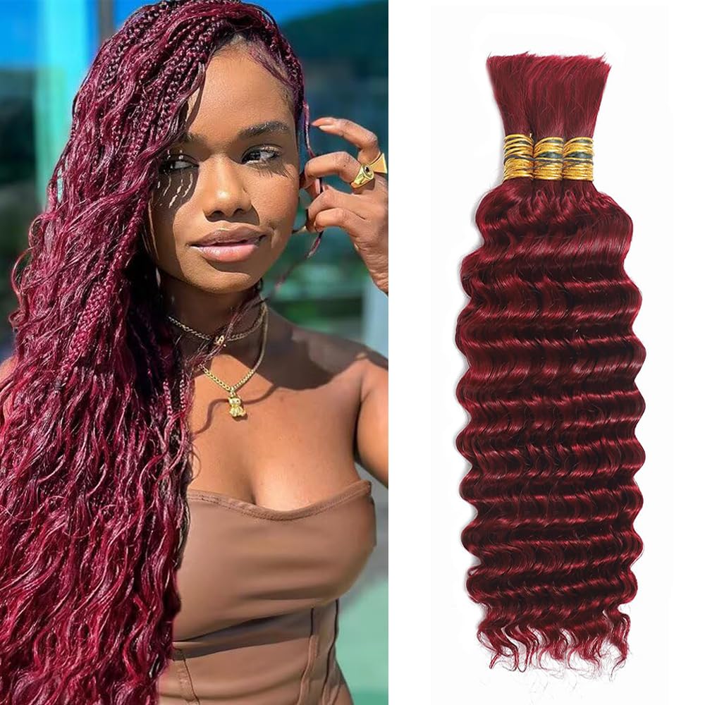 99J Human Braiding Hair for Boho Braids 20 Inch Burgundy Deep Wave Bulk Human Hair Red Wet and Wavy Braids Extensions