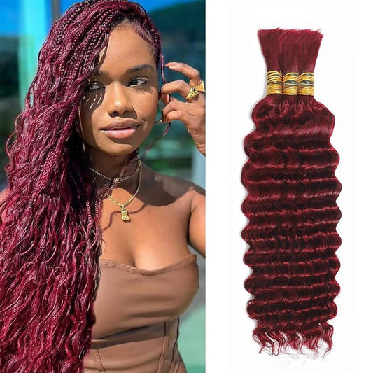 99J Human Braiding Hair for Boho Braids 20 Inch Burgundy Deep Wave Bulk Human Hair Red Wet and Wavy Braids Extensions