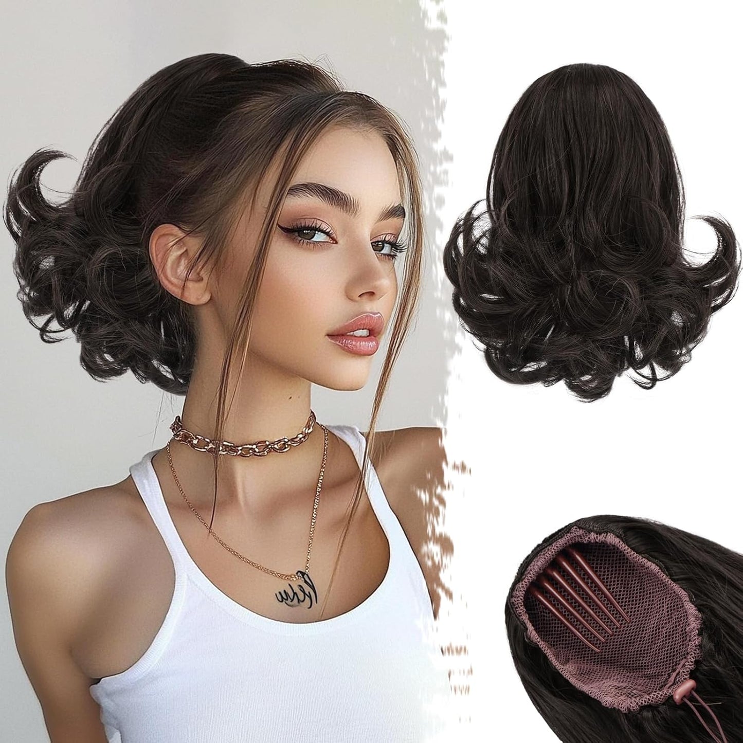 Dark Brown Ponytail Extension - 10 Inch Wavy Drawstring Hairpiece for Women | Synthetic Clip-In Ponytail