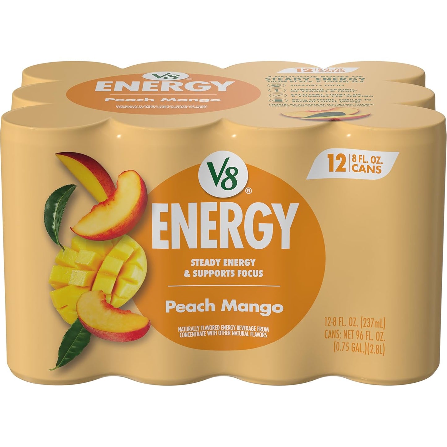 V8 Energy Peach Mango Energy Drink - 8 Fl Oz Can | 24 Pack of Refreshing Energy Boost
