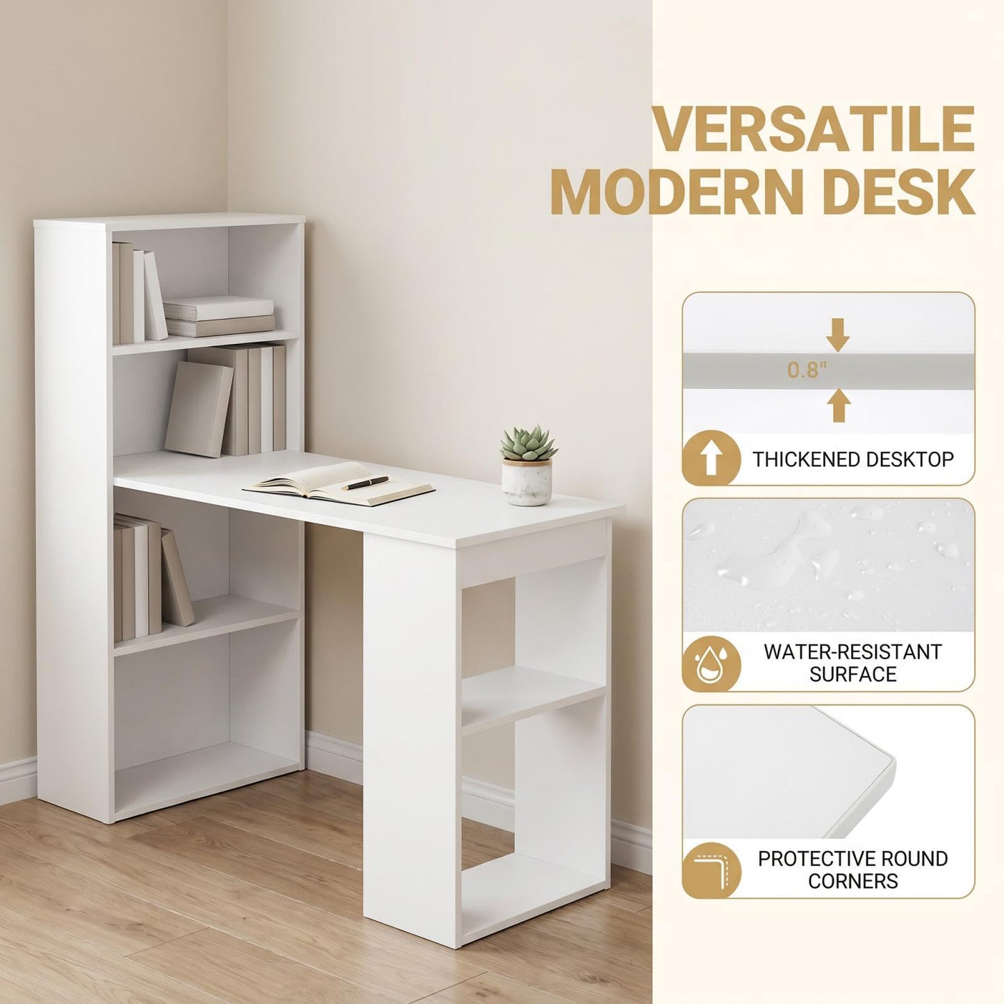Tangkula White Computer Desk with Bookshelf, Writing Study Desk with Storage Shelves & CPU Stand, Modern Compact Computer Workstation for Home & Office, Space-Saving Design