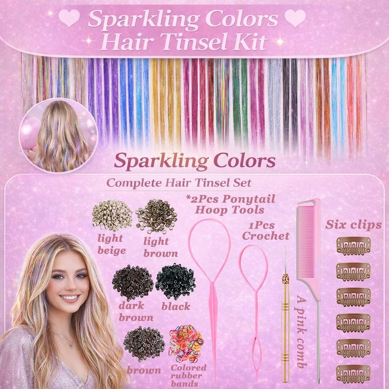 Hair Tinsel Kit - 48 Inch Holographic Glitter Strands for Party & Cosplay | Heat Resistant Gold, Silver & Pink
